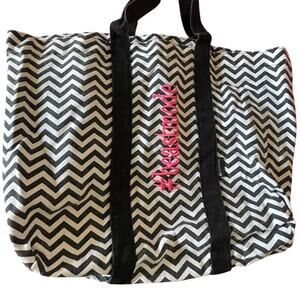 Jazzercise Canvas Chevron Print Tote Bag EUC #beastmode embroidered in hot pink